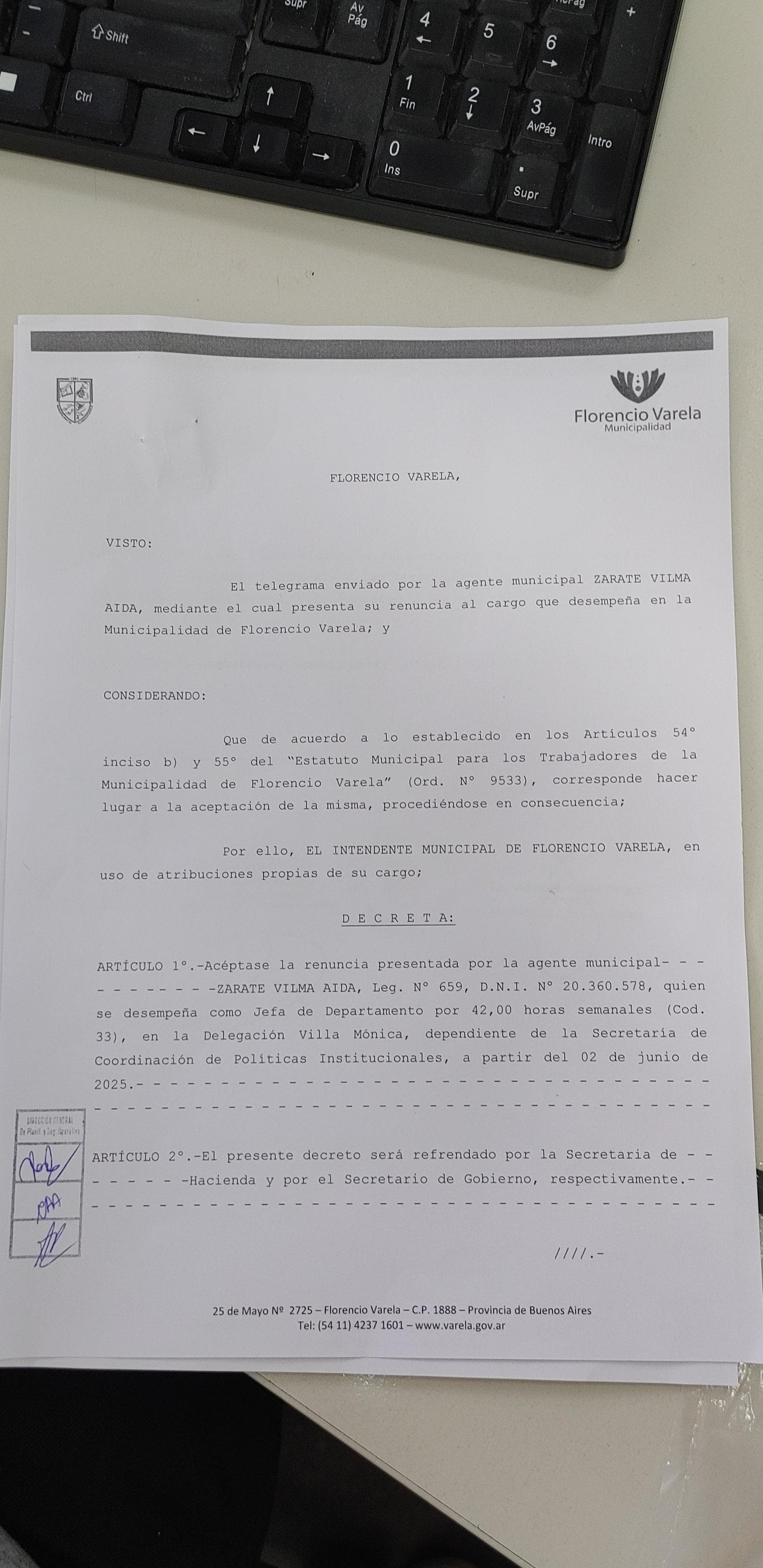 Paso 1: Recepción de documento con rúbrica del intendente.